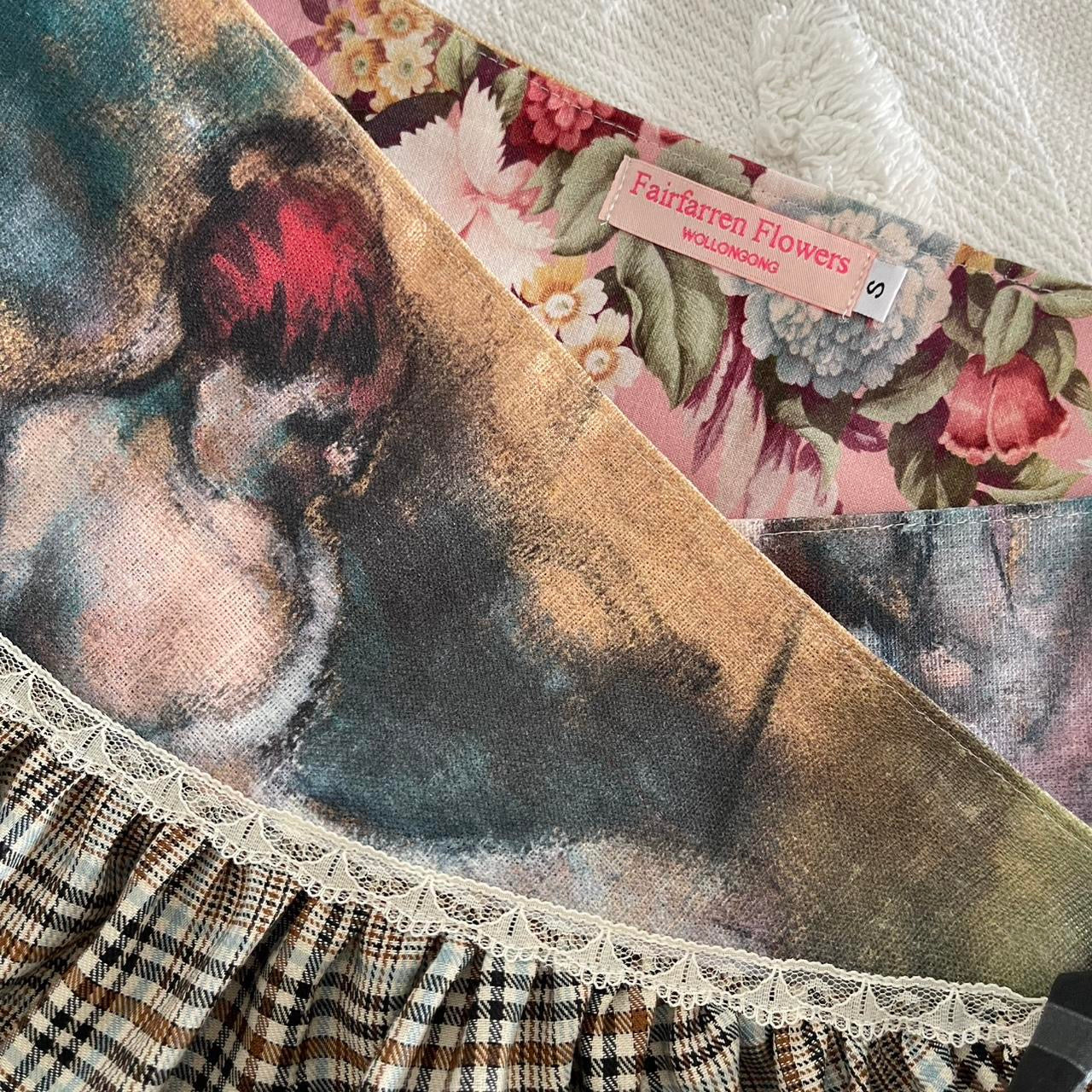 Plaid & Printed Linen Mini Wrap Skirt Small