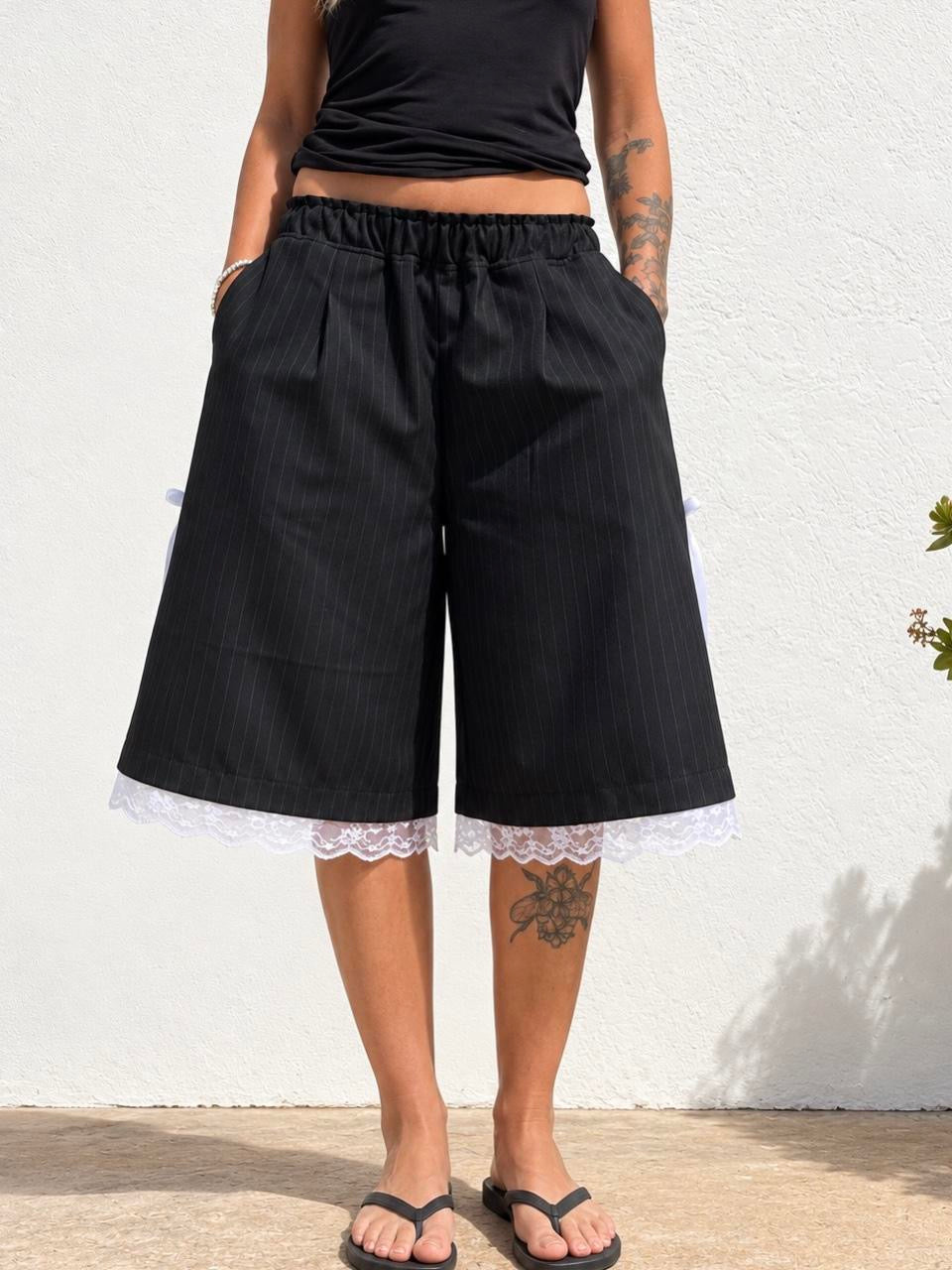 Black Pinstripe Lace & Ribbon Bow Baggy Shorts