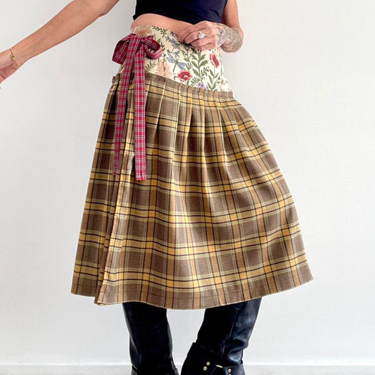 Botanical Cinnamon Tartan Midi Wrap Skirt  🎀✨