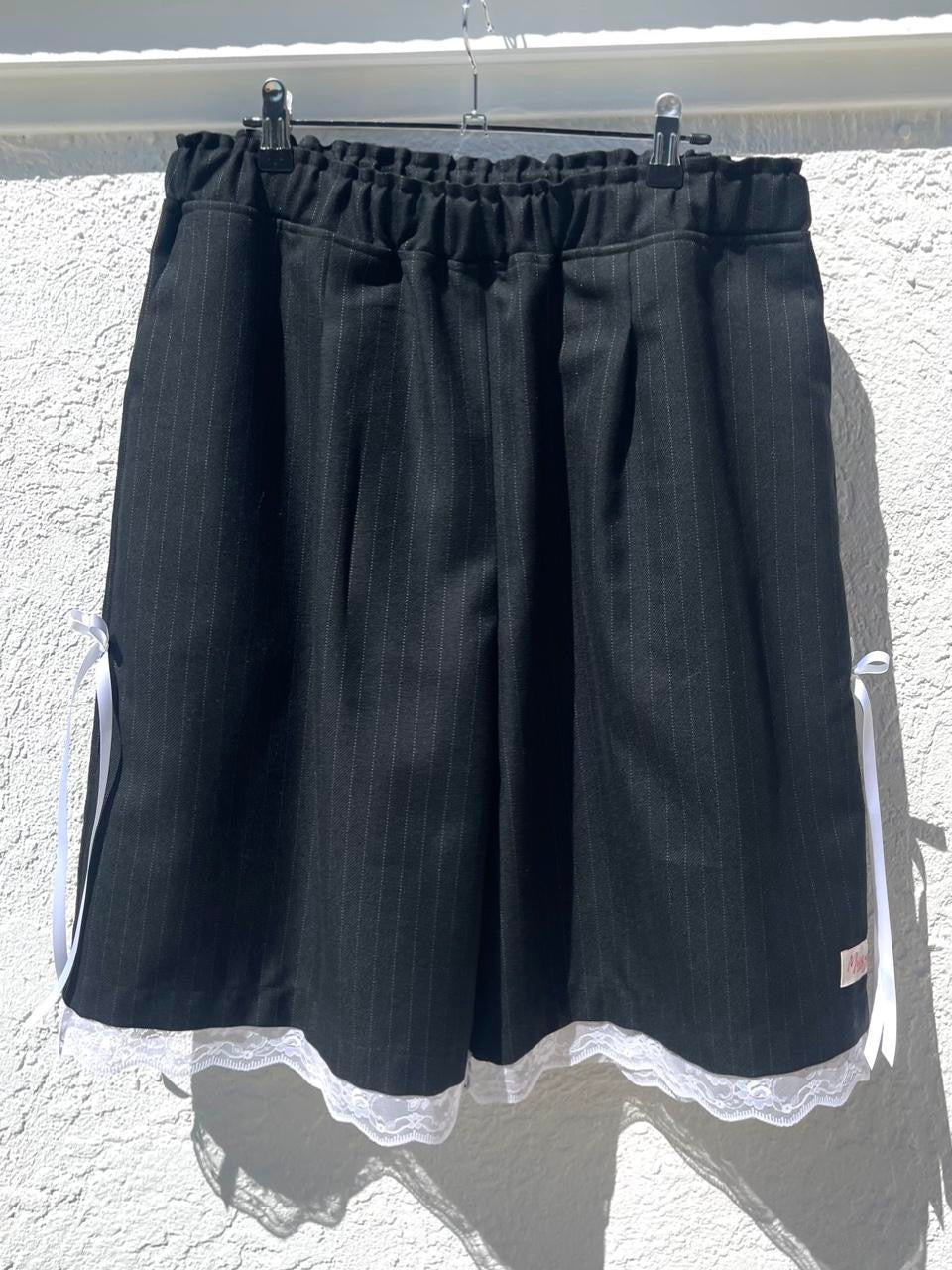 Black Pinstripe Lace & Ribbon Bow Baggy Shorts