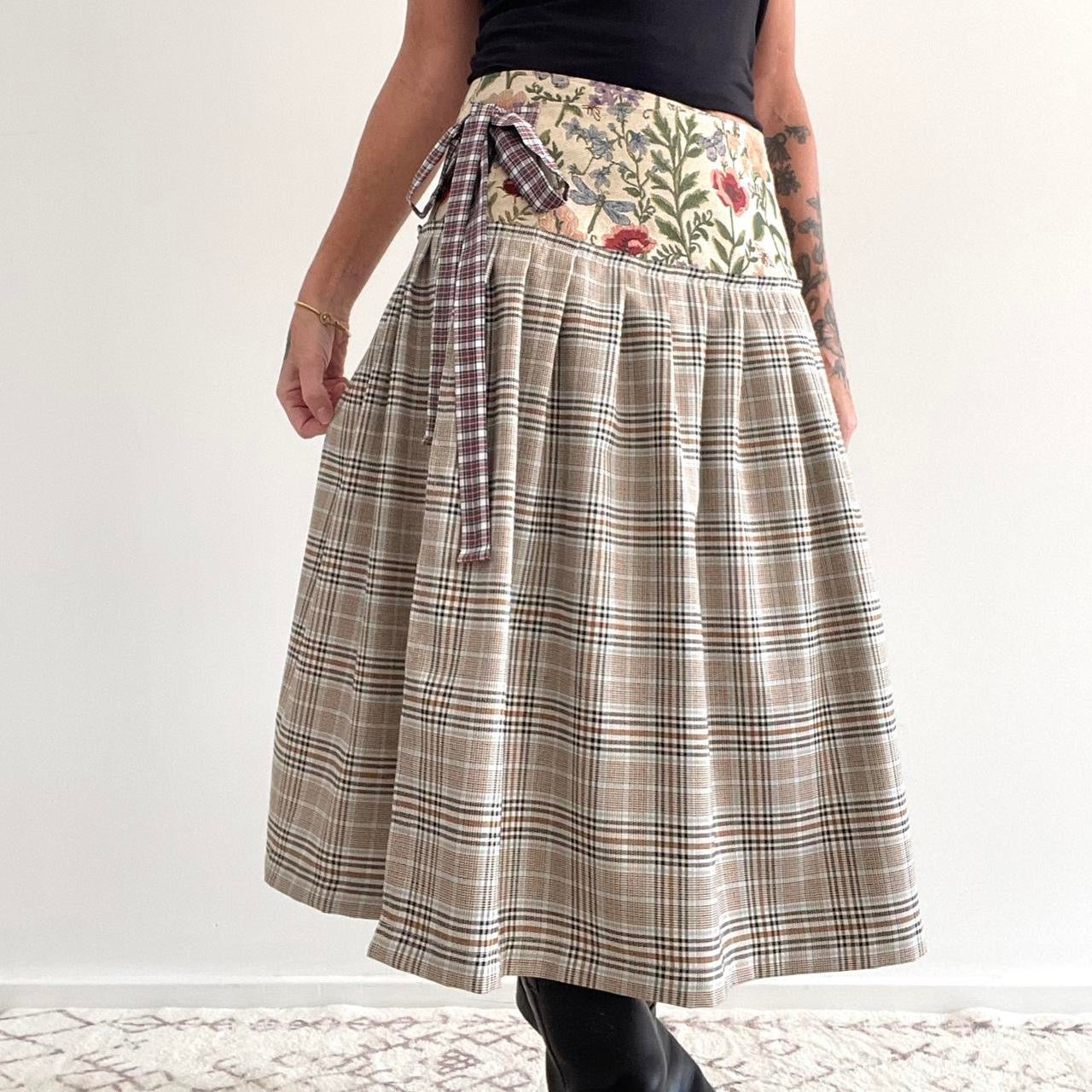 Botanical Caramel Tartan Midi Wrap Skirt 🎀✨