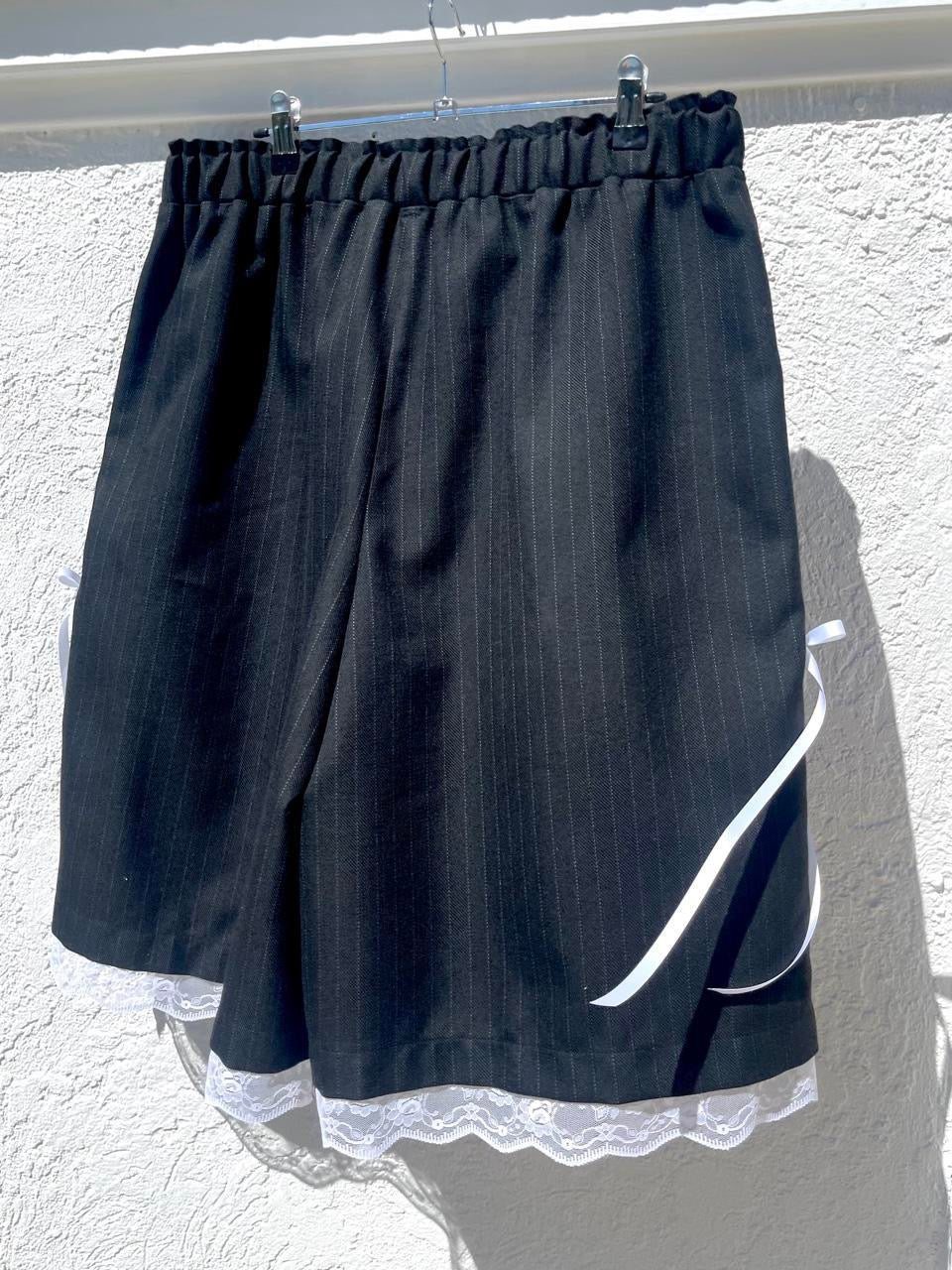 Black Pinstripe Lace & Ribbon Bow Baggy Shorts