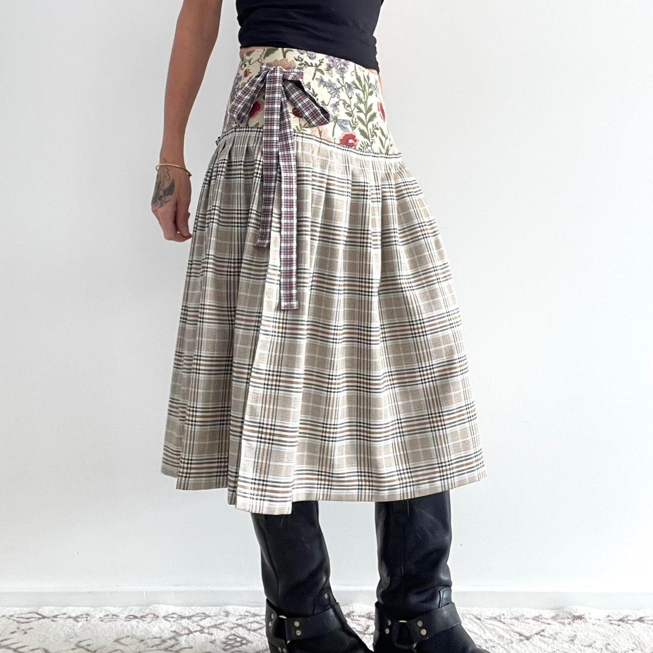 Botanical Caramel Tartan Midi Wrap Skirt 🎀✨