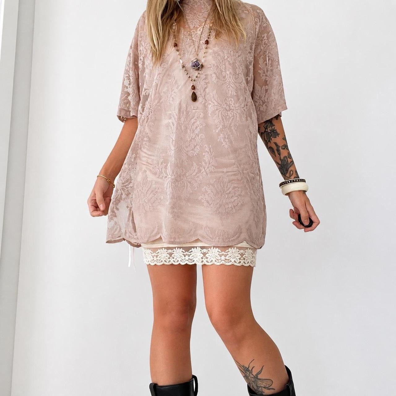 Mocha Blush Hand Dyed Lace Oversized Tshirt