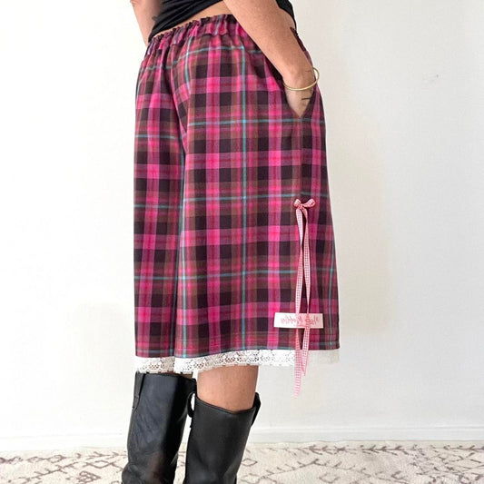 Oversized Raspberry Tartan Baggy Shorts.