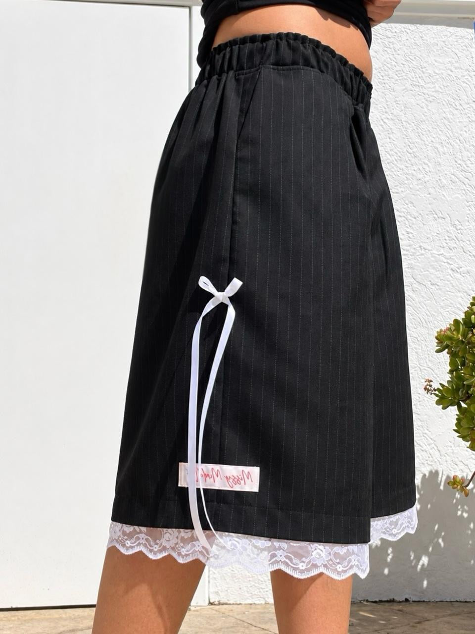 Black Pinstripe Lace & Ribbon Bow Baggy Shorts