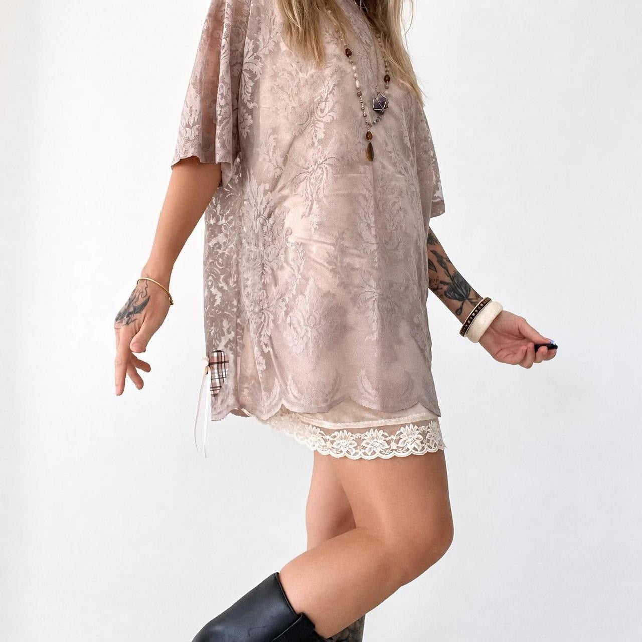 Mocha Blush Hand Dyed Lace Oversized Tshirt