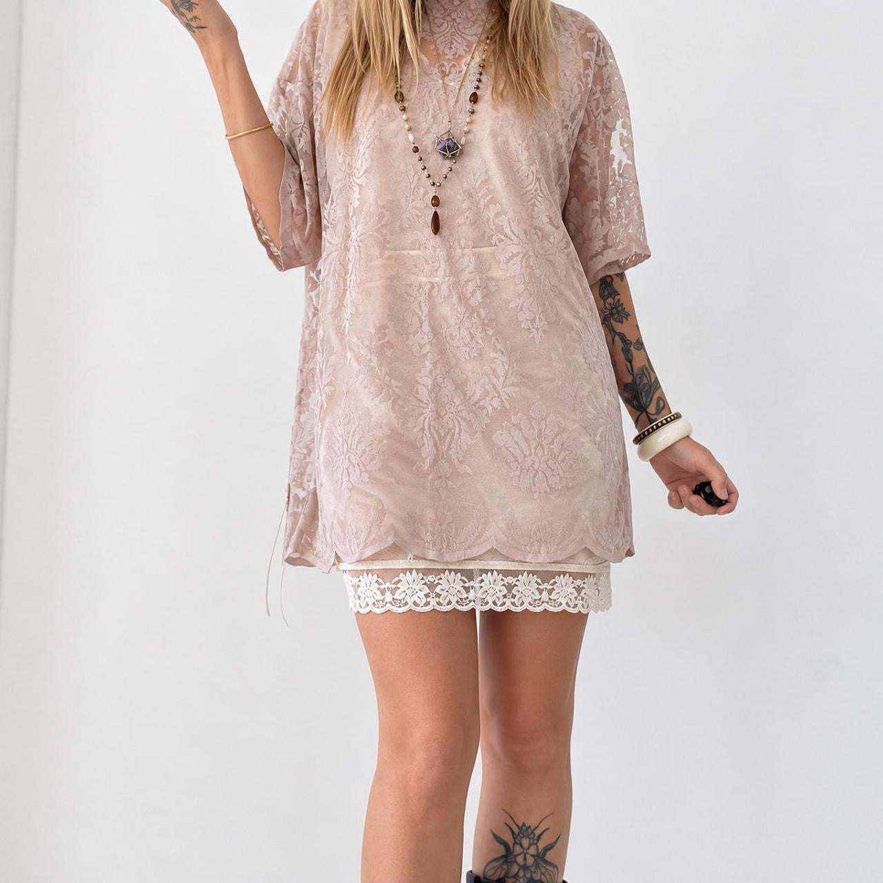 Mocha Blush Hand Dyed Lace Oversized Tshirt