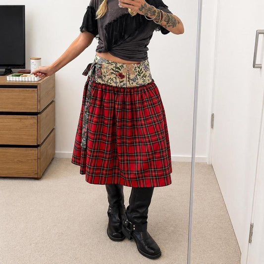 Botanical Cherry Tartan Midi Wrap Skirt  🎀✨