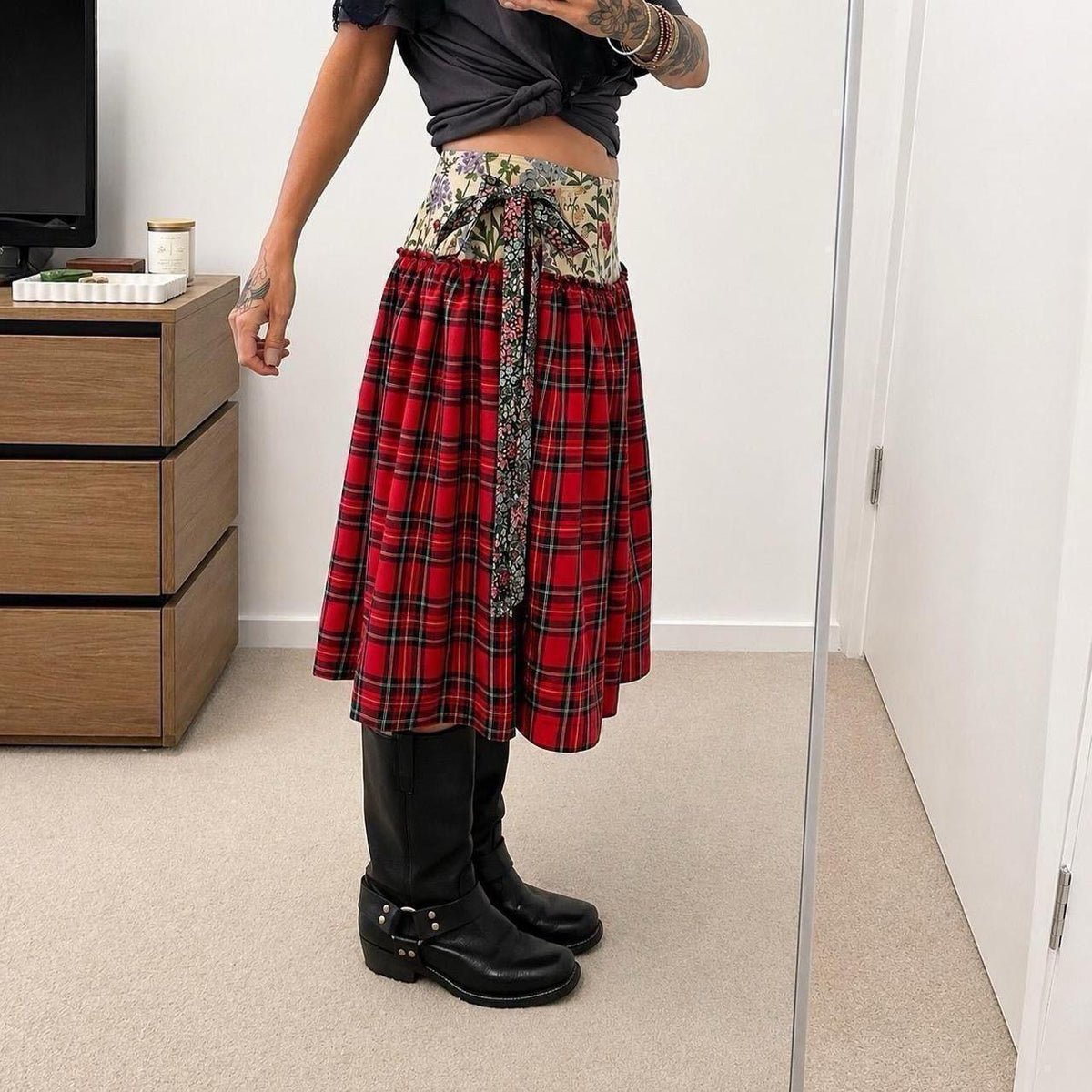 Botanical Cherry Tartan Midi Wrap Skirt  🎀✨
