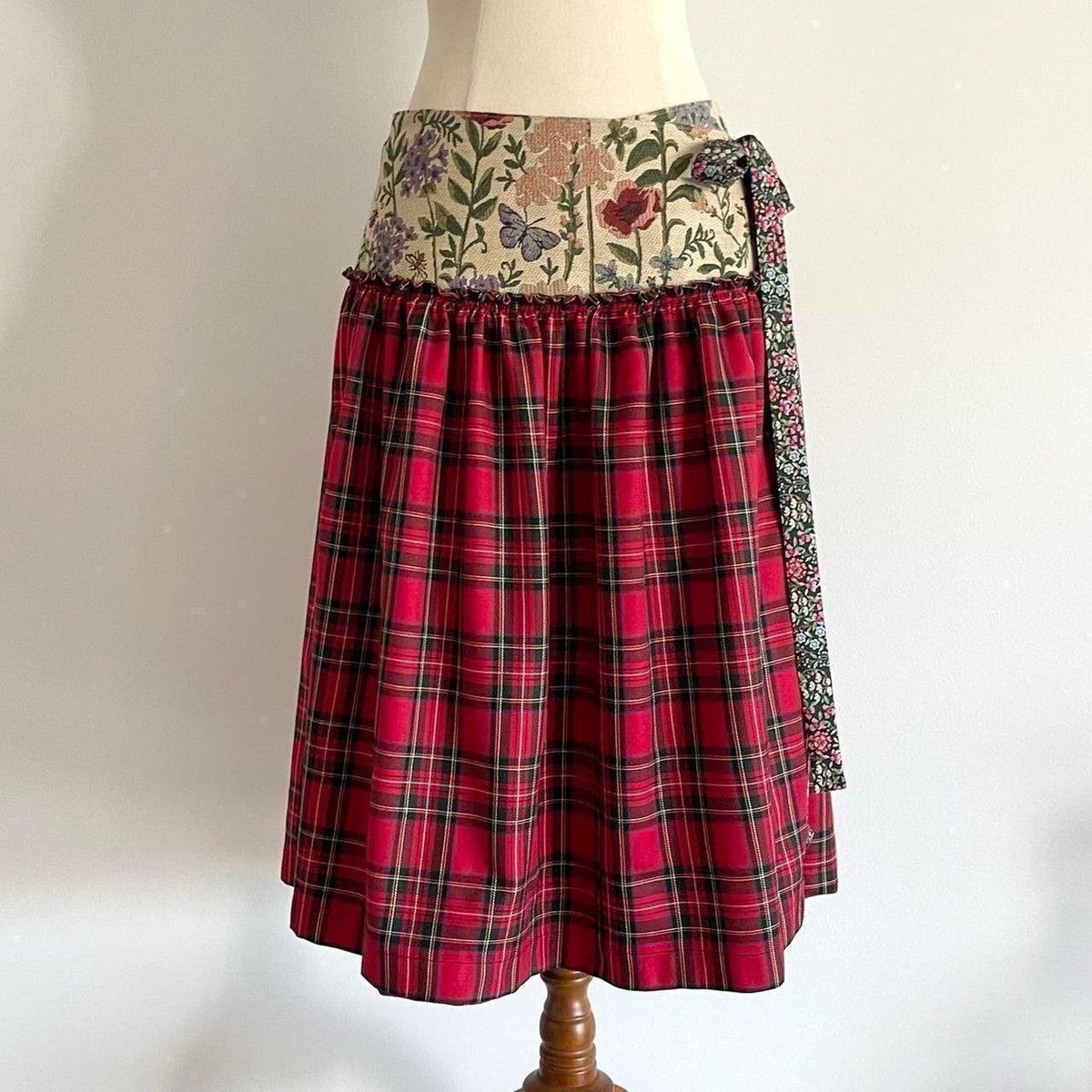 Botanical Cherry Tartan Midi Wrap Skirt  🎀✨
