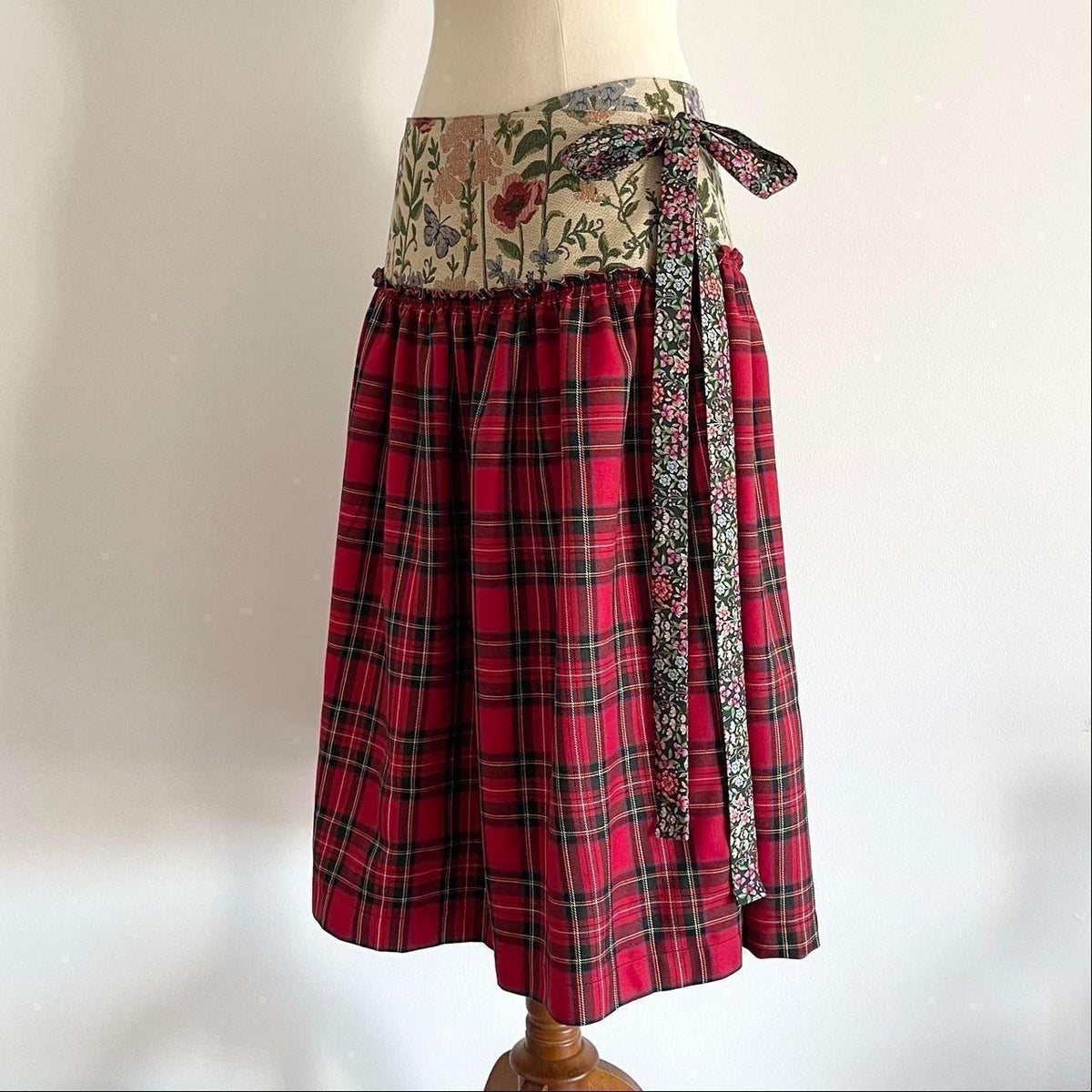 Botanical Cherry Tartan Midi Wrap Skirt  🎀✨