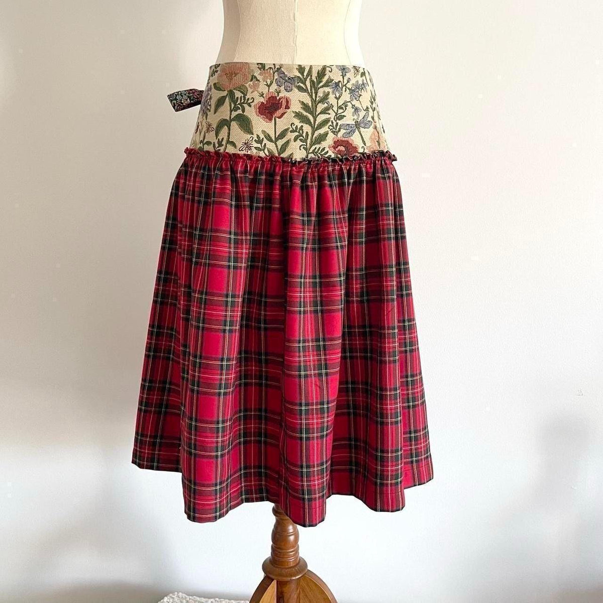 Botanical Cherry Tartan Midi Wrap Skirt  🎀✨