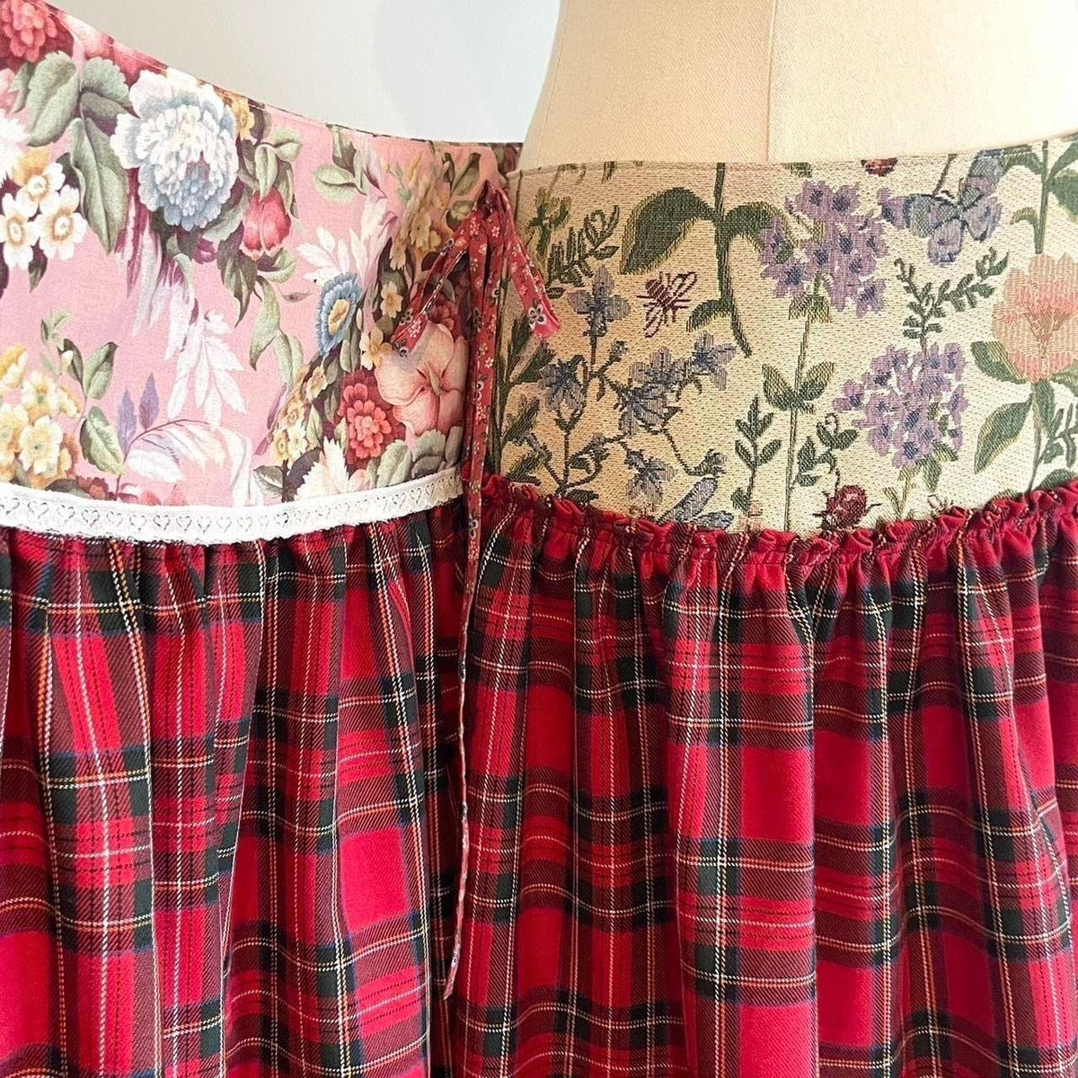 Botanical Cherry Tartan Midi Wrap Skirt  🎀✨