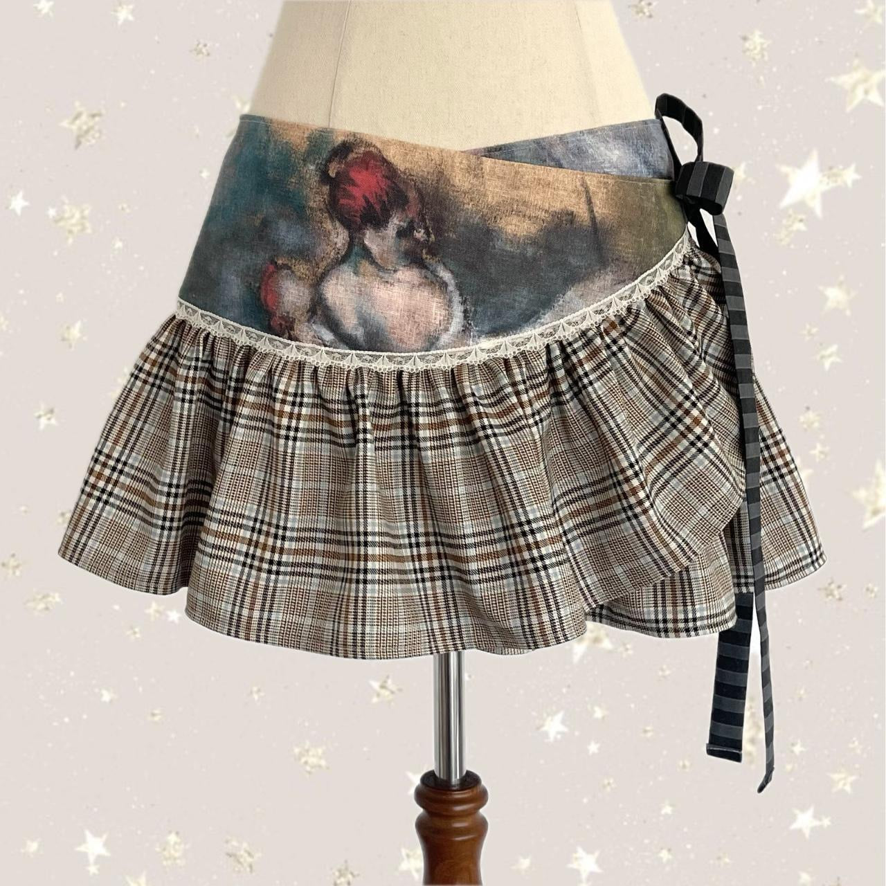 Plaid & Printed Linen Mini Wrap Skirt Small