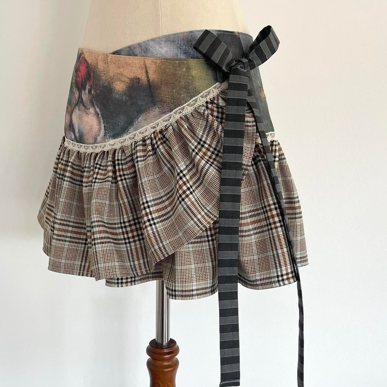 Plaid & Printed Linen Mini Wrap Skirt Small