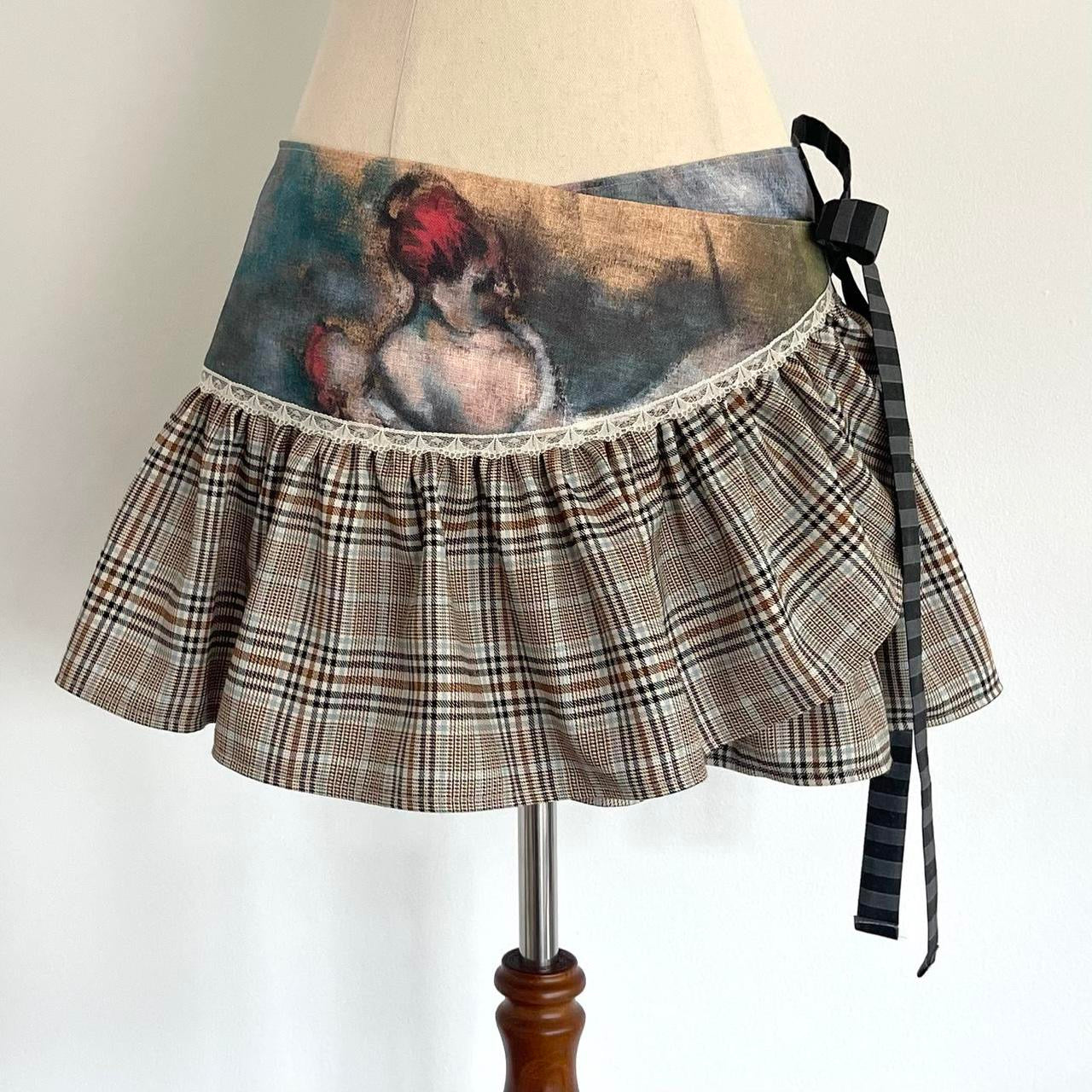 Plaid & Printed Linen Mini Wrap Skirt Small