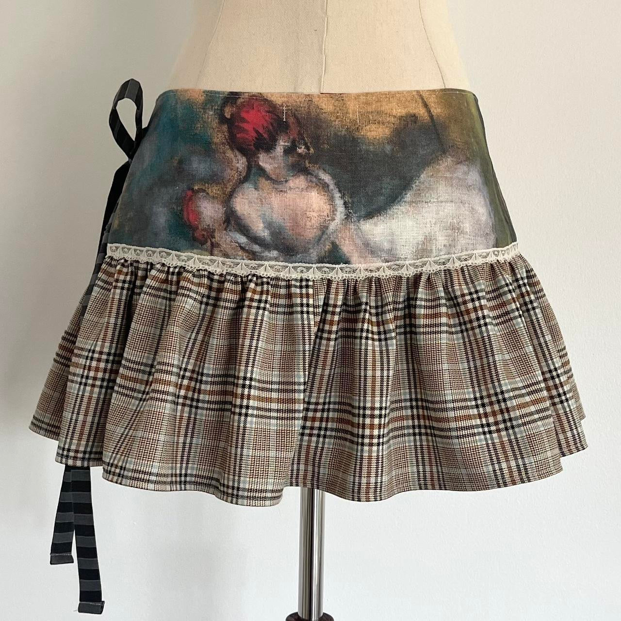 Plaid & Printed Linen Mini Wrap Skirt Small