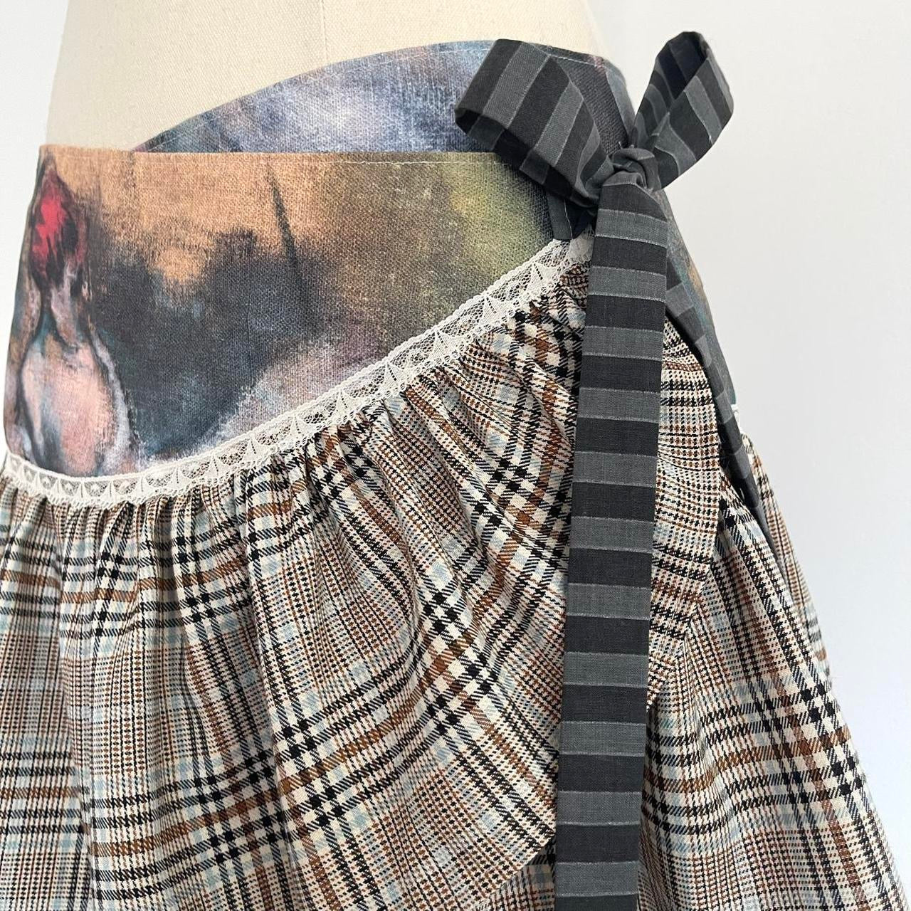 Plaid & Printed Linen Mini Wrap Skirt Small